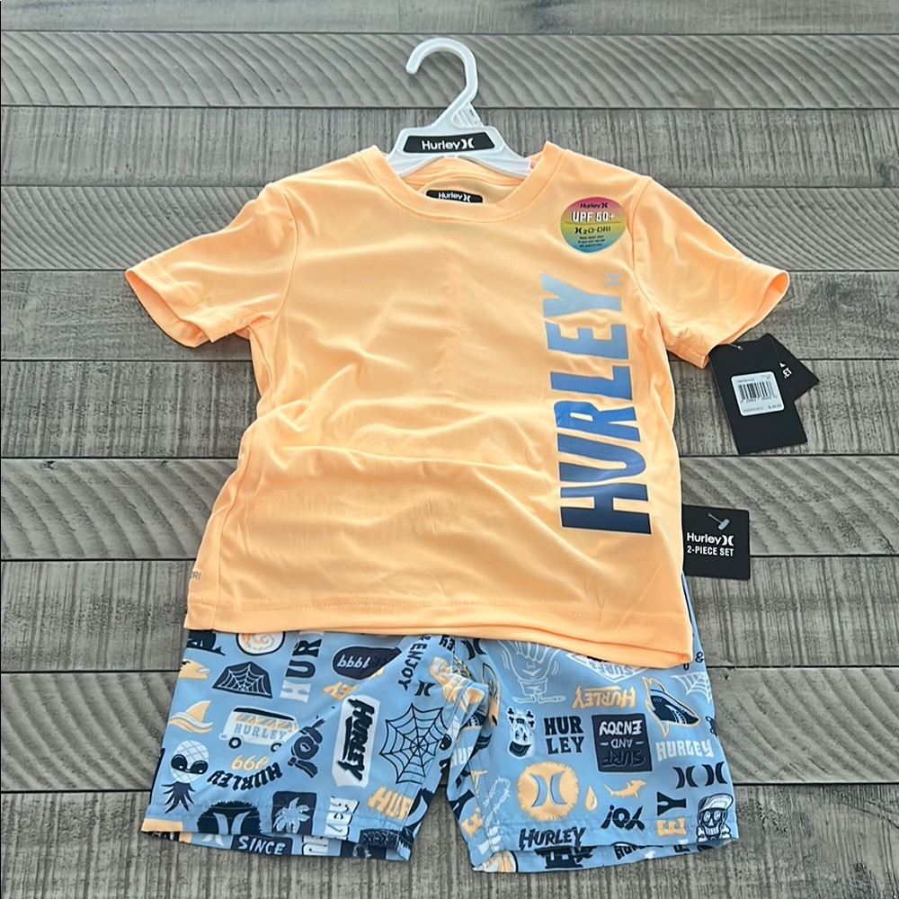 Hurley Orange and Blue Graphic T-Shirt and Shorts Set